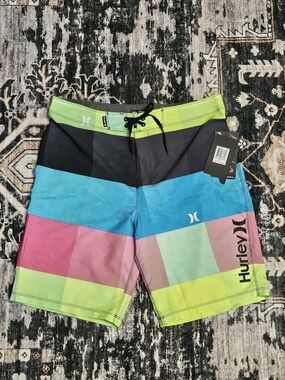 Hurley Men’s Multicolor Block Stripe Board Shorts - Lime/Blue/Pink/Black